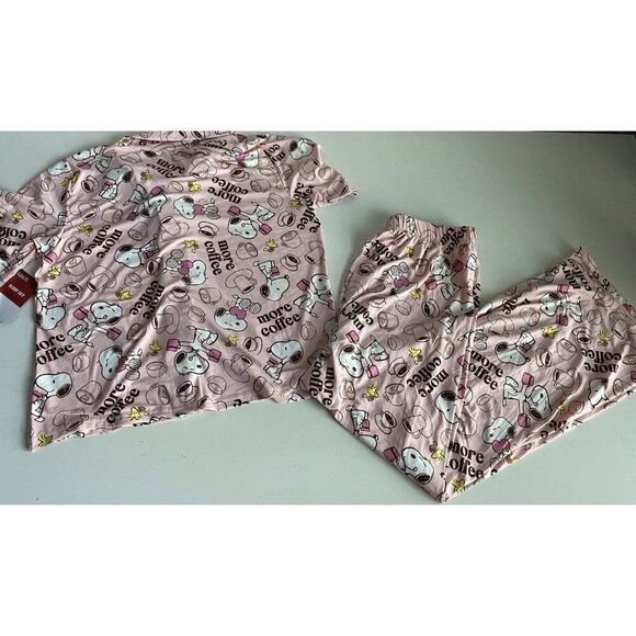 Peanuts SNOOPY Pink Women’s Sz L Pajama PJ Set Pants Short Sleeve More Coffee - Picture 9 of 12